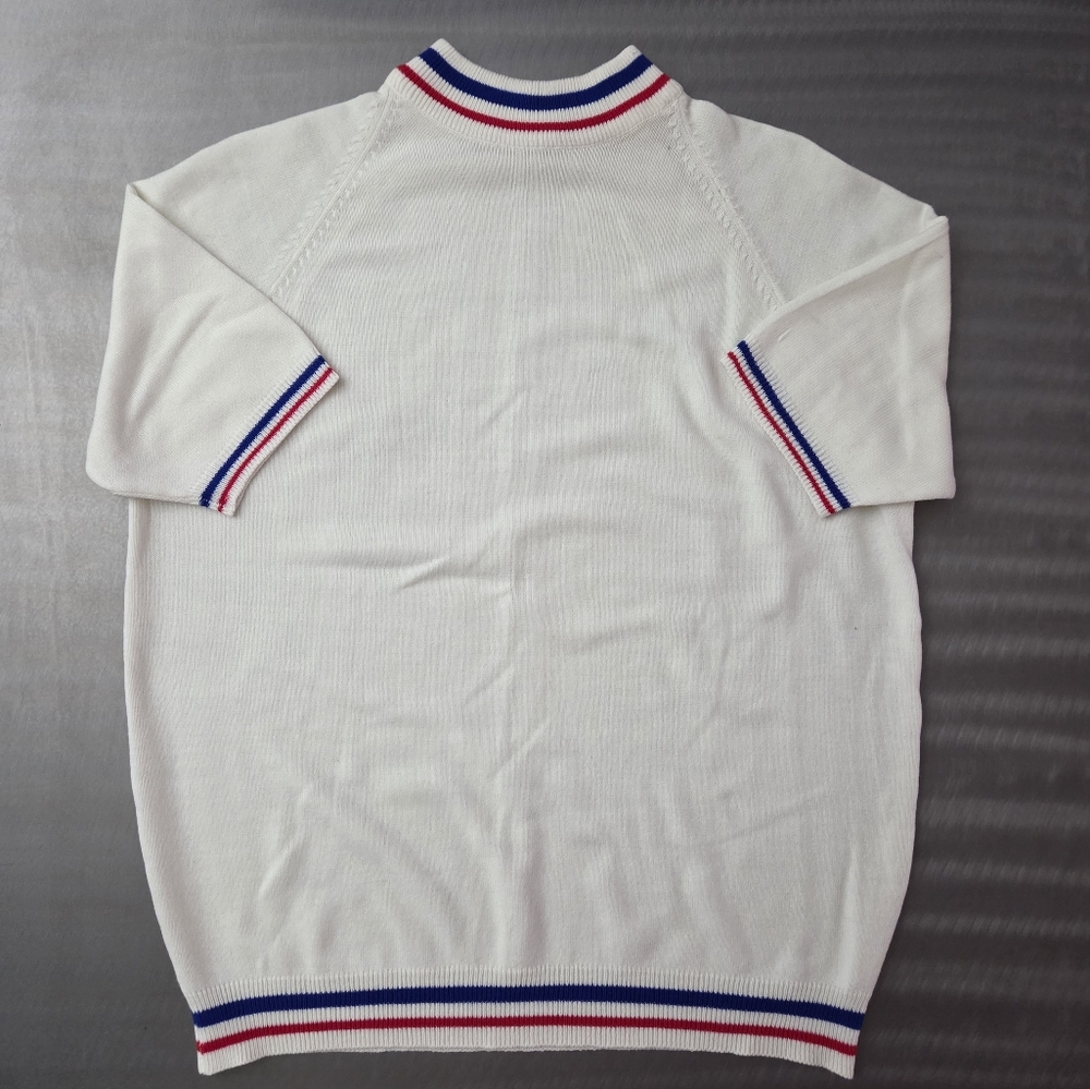 Vintage 70s Varsity Stripe High Neck Knit Sweater Mod Preppy Ivory XL